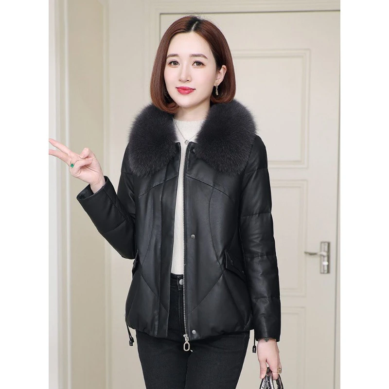 海宁新款冬季绵羊皮真皮皮衣女黑色气质百搭短款狐狸毛领羽绒外套