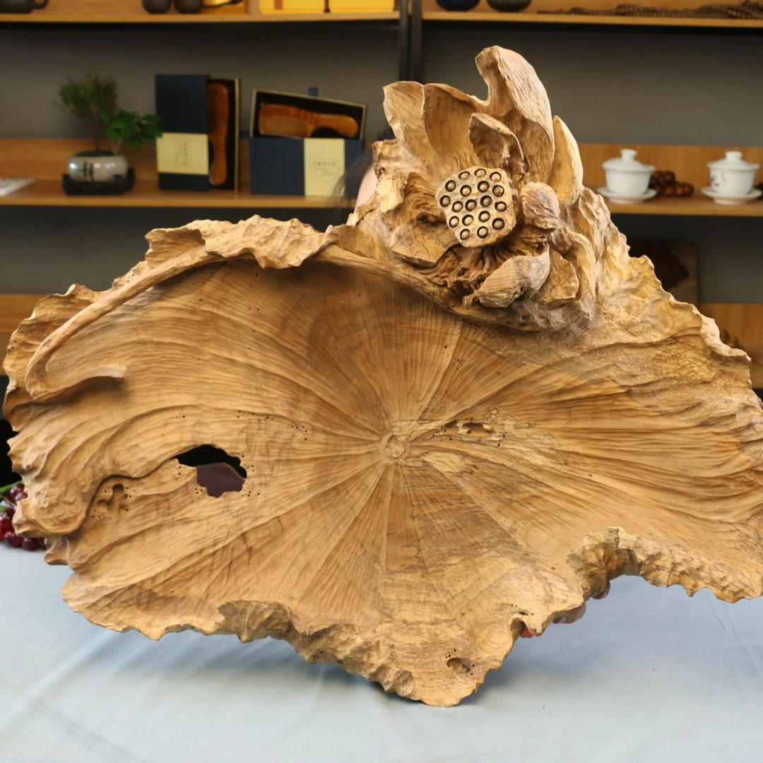 四川金丝楠荷花浮雕果盘原木未上漆