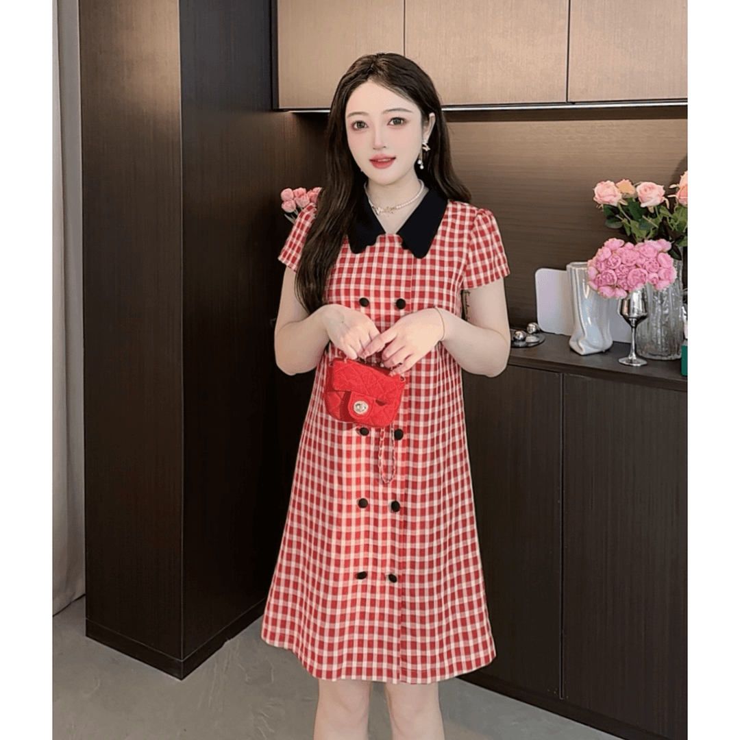 NANXU/楠序鹿鹿微胖女装2024夏季显瘦气质双色格纹连衣裙女LL8093