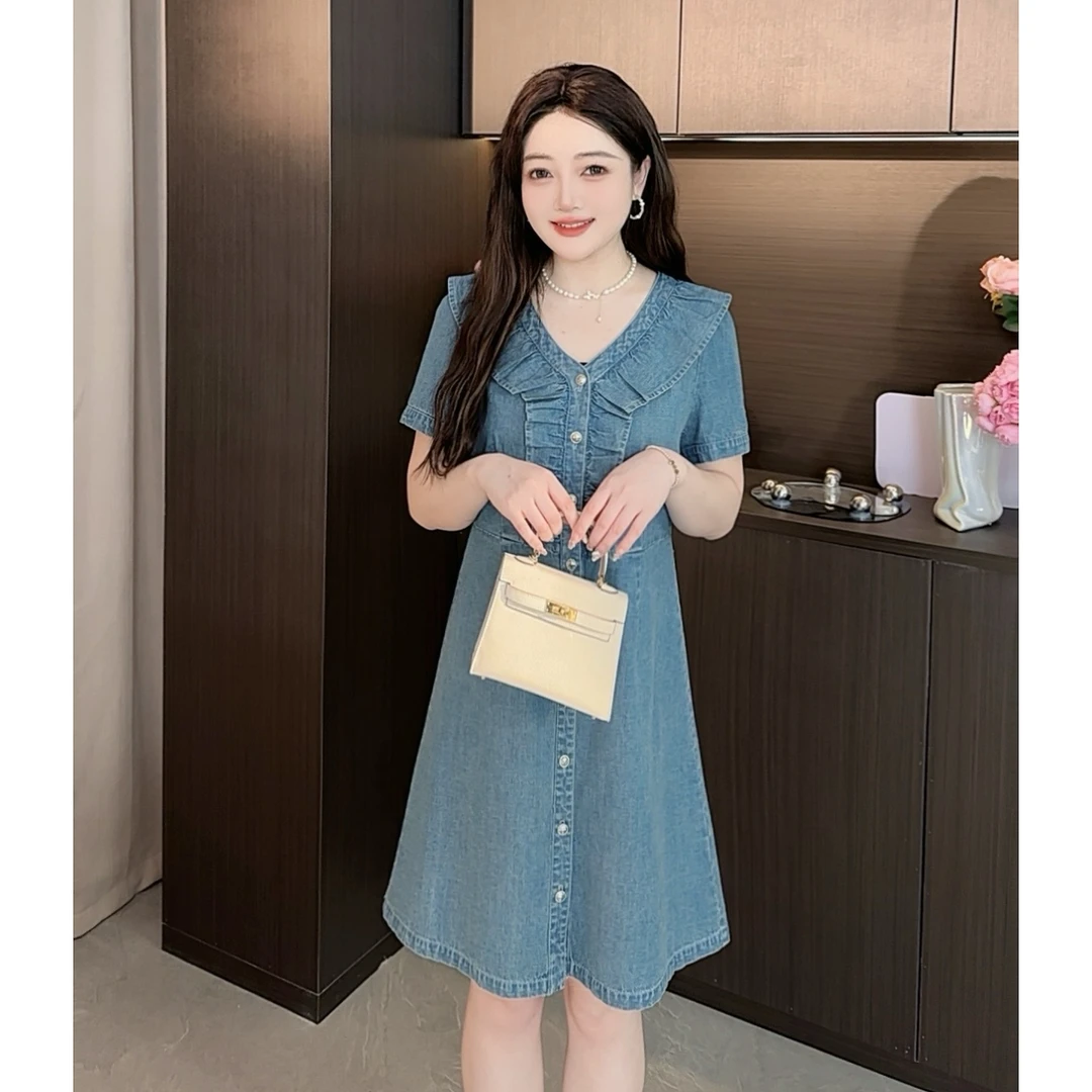 NANXU/楠序鹿鹿微胖女装2024遮肉显瘦薄款气质牛仔连衣裙女LL8058