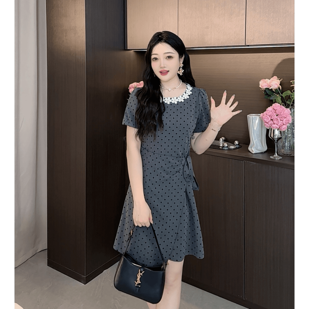 NANXU/楠序鹿鹿微胖女装2024夏季显瘦波点气质小香风连衣裙LL8075