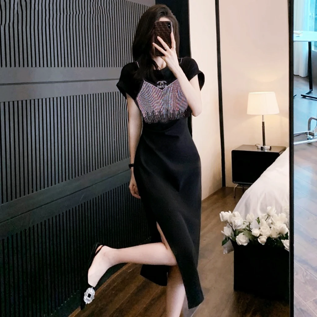 【现】水钻设计连衣裙女2023新款减龄显瘦时尚裙子#2309