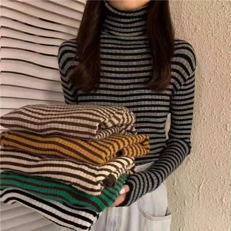 打底衫女新款洋气百搭通勤条纹高领内搭拼色修身长袖上衣 1124L