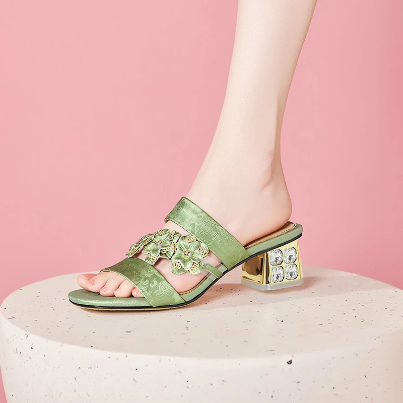 【轶诗妮】夏季新款露趾凉拖气质女鞋真皮凉拖鞋水钻一字拖鞋高跟鞋