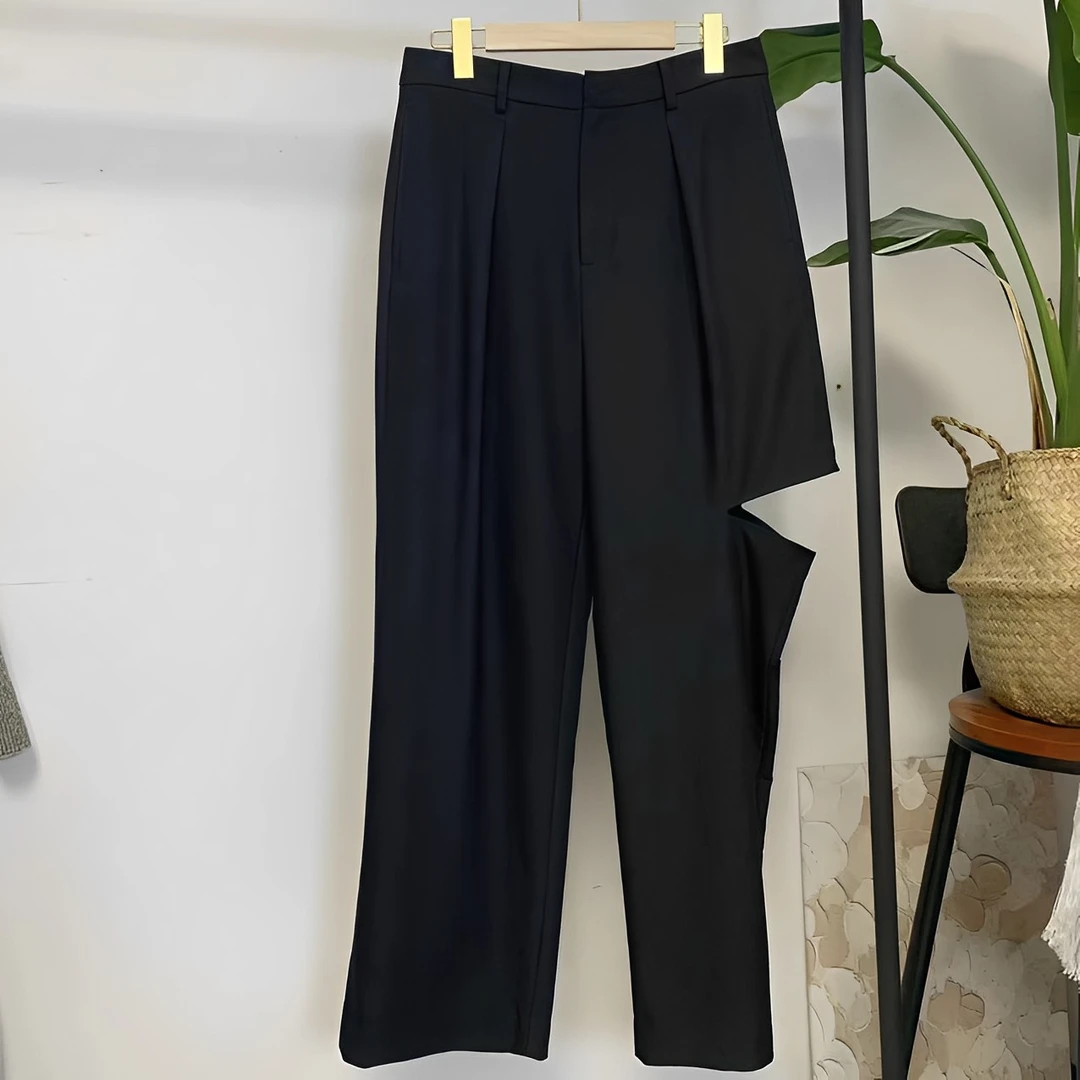 KS.AT006春秋新款设计感剪口高腰长裤休闲裤女黑色西裤西装裤时尚