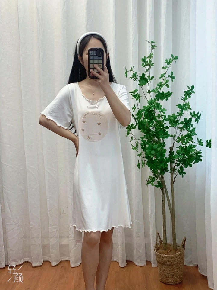 知暖依夏季休闲舒适薄款女睡裙简约透气宽松纯色印花睡衣家居服