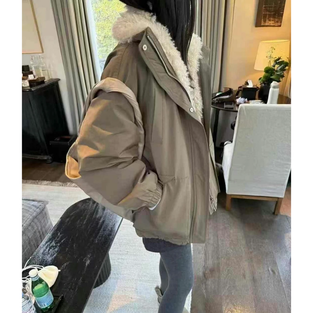 多娜家翻领保暖棉服冬季纯色长款外套加厚时尚韩版女装休闲