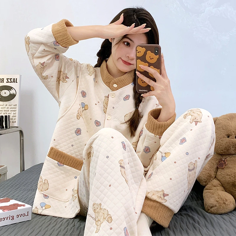 【雅丹风带胸垫秋冬季保暖空气棉】月子服喂奶孕妇哺乳睡衣产妇加厚