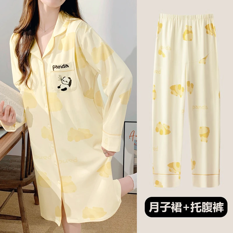 【带胸垫-中厚月子睡裙】春秋款产妇孕妇睡衣喂奶加大哺乳产前产后