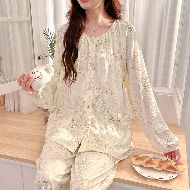 【春夏薄款-带胸垫月子服】皱布哺乳睡衣产后孕妇长袖宽松透气喂奶