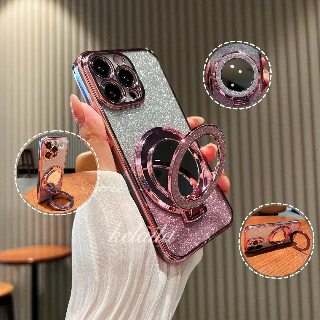 【电镀软壳磁吸补妆镜支架】适用苹果15华为VIVO荣耀OPPO小米手机壳