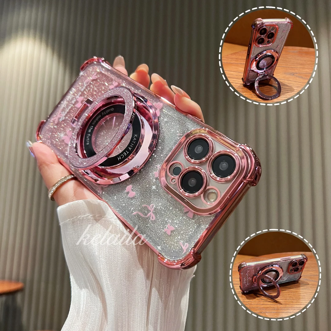 【电镀气囊蝴蝶结闪粉支架】适用苹果15华为VIVO荣耀OPPO防摔手机壳