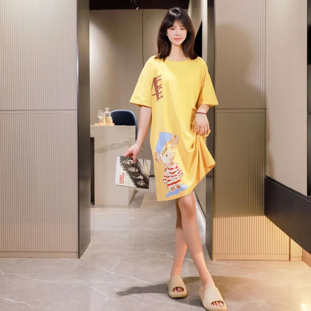 睡裙韩版大码印花连衣裙宽松遮肉显瘦中长款外穿长T尤莱特高能感