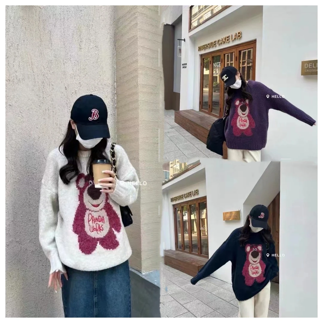 孕妇装秋冬新款卡通草莓熊圆领加厚毛衣宽松慵懒风百搭圆领上衣