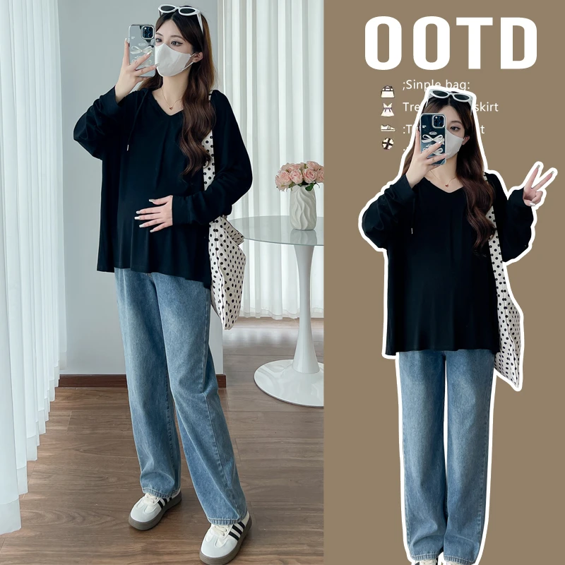 孕妇装卫衣秋装2024新款韩版时尚连帽T恤衫潮妈宽松百搭薄款上衣