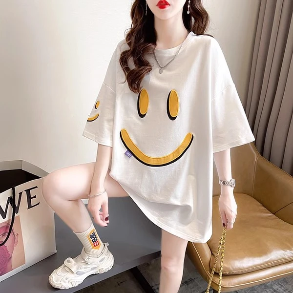 孕妇装夏装2024新款洋气刺绣笑脸T恤衫宽松大码中长款半袖上衣