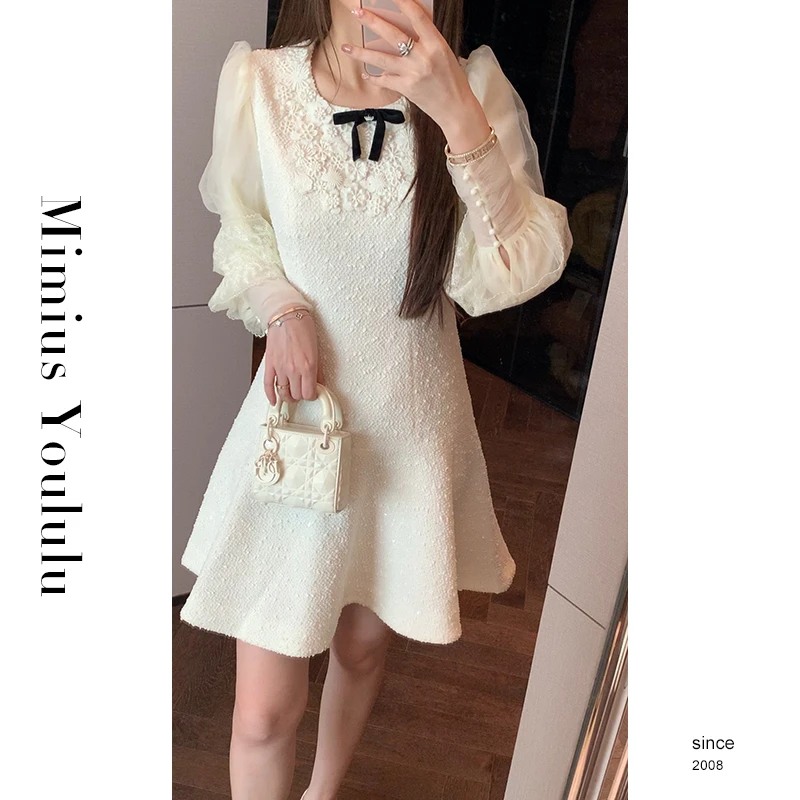 【mimius】&B游鹿鹿 高奢线重工提花法式泡泡袖收腰连衣裙 F09250