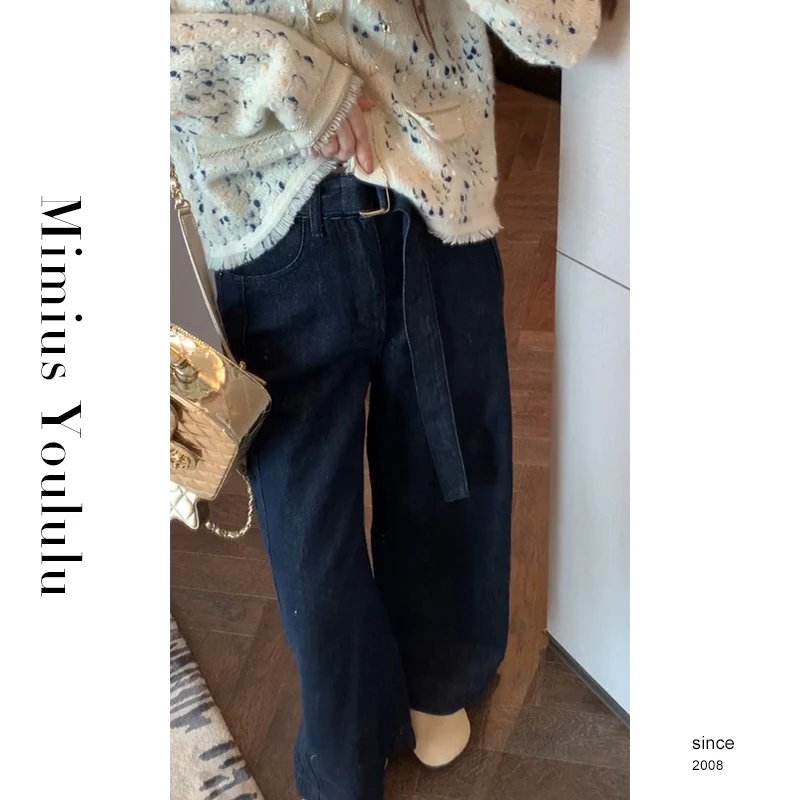 【mimius】七七 港风～复古水洗高腰牛仔阔腿裤（含腰带） WF09188