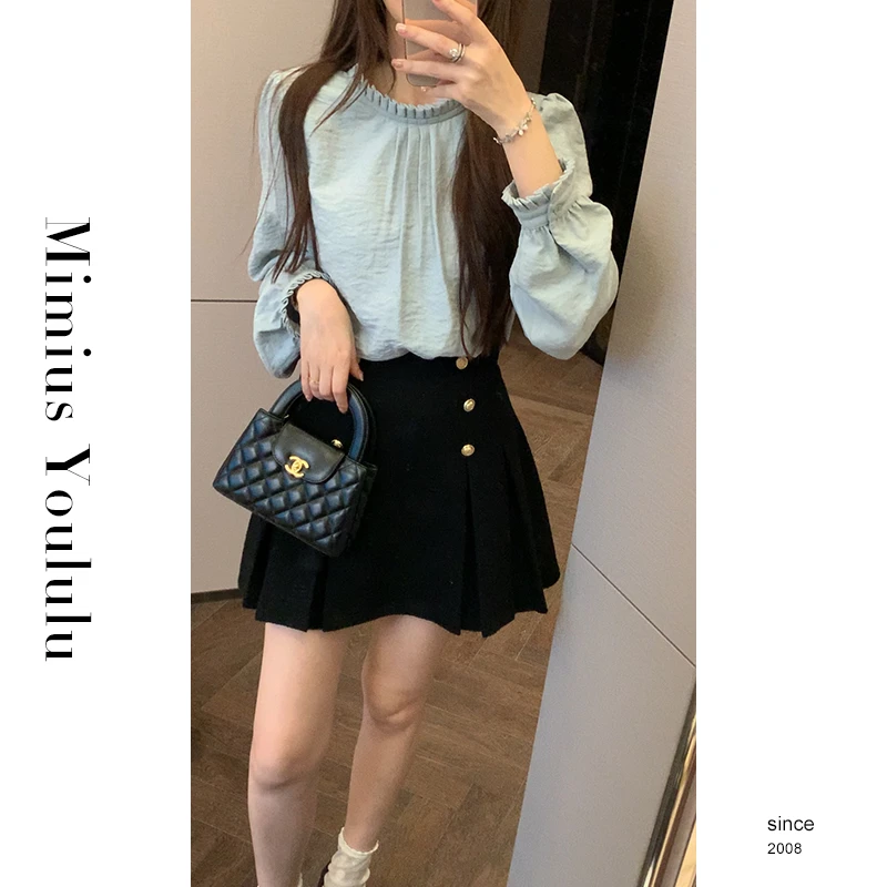【mimius】耿耿  韩系气质桃皮绒小设计感褶皱立领衬衫 F09121