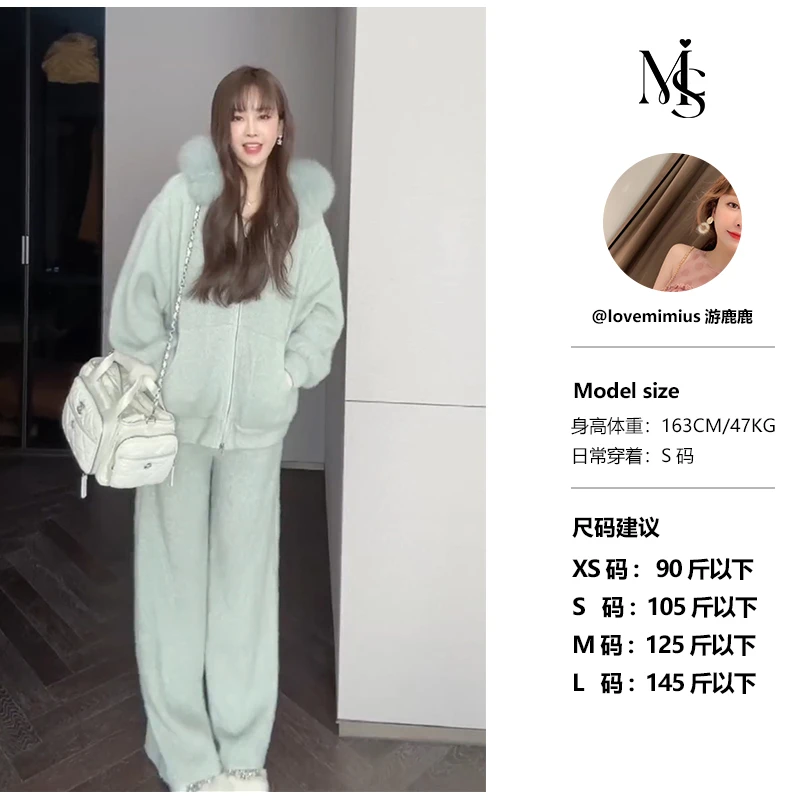 【MIMIUS＆七七】狐狸毛领休闲鹅绒服上衣+裤子套装 E12144