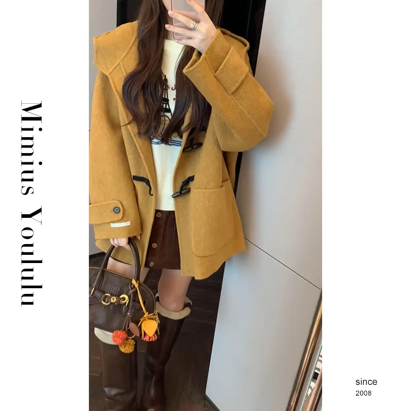 【mimius】&B游鹿鹿 梧桐知秋～牛角扣连帽手工双面羊 绒大衣 F09055