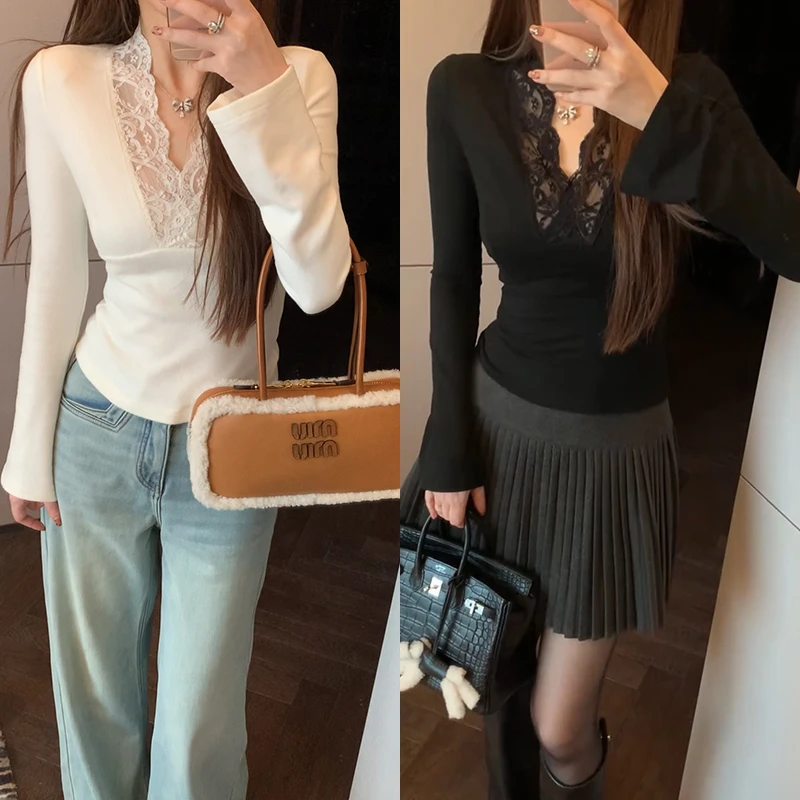 【mimius】&B游鹿鹿 性感V领蕾丝拼接修身打底衫 F10194