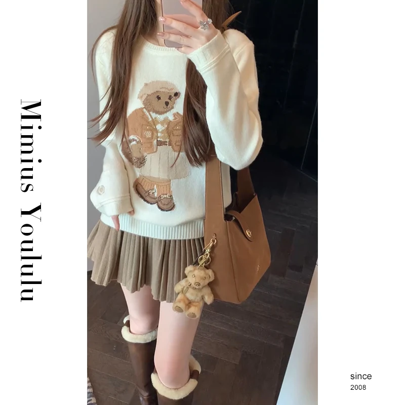 【mimius】&B游鹿鹿 提花小熊学院风多色混纱羊 毛套头毛衣 WF10026