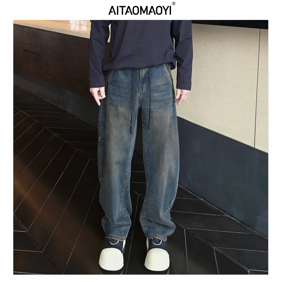 冬季新款做旧复古植绒松紧抽绳宽松弯刀阔腿百搭休闲加厚牛仔裤子
