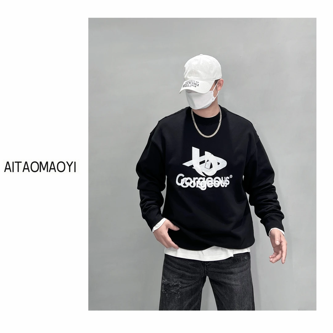 秋冬新款字母印花破洞圆领潮流百搭日常长袖宽松大码男款T恤卫衣