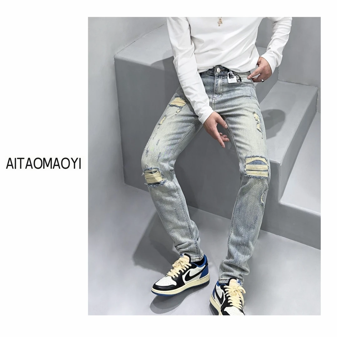 夏新款 潮牌时尚破洞猫须修身版型小脚做旧中腰个性男士牛仔裤子