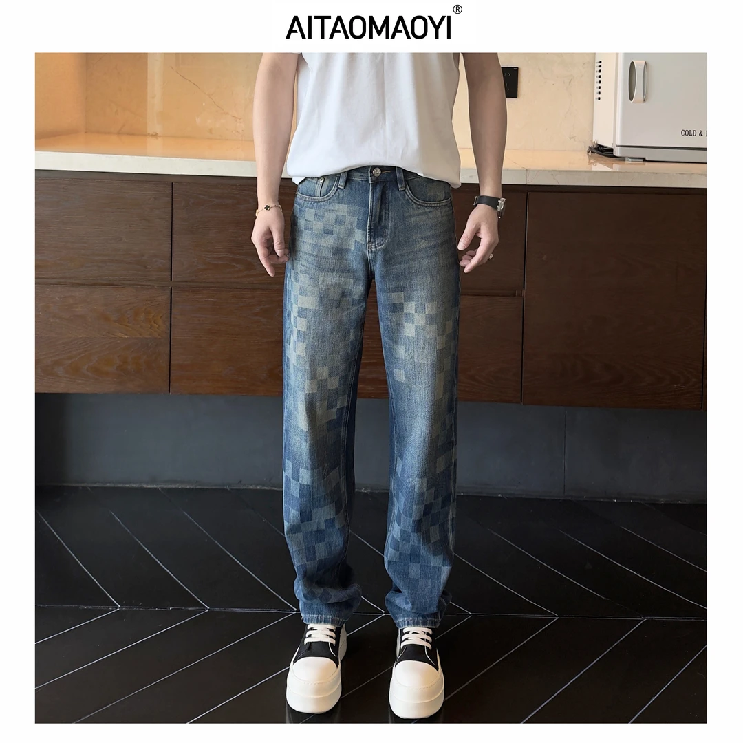 春季新款做旧棋盘格元素宽松直筒痞帅潮复古休闲百搭男款长牛仔裤