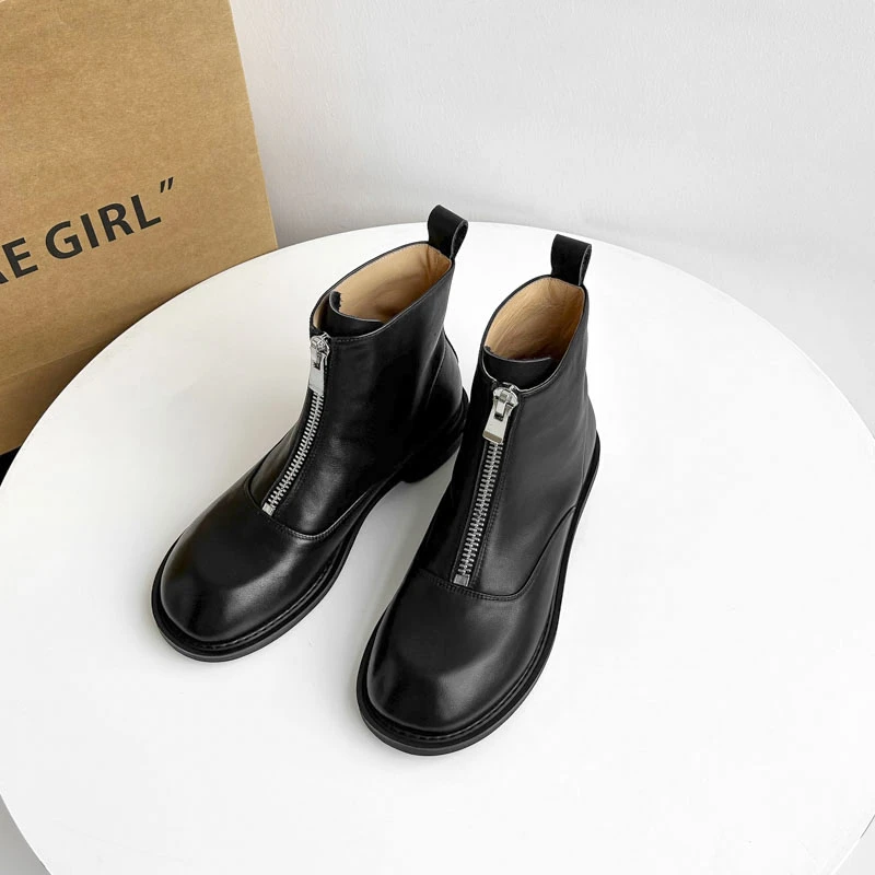 3cm/FA1506牛皮平跟短靴女春秋百搭单靴圆头前拉链马丁靴加绒