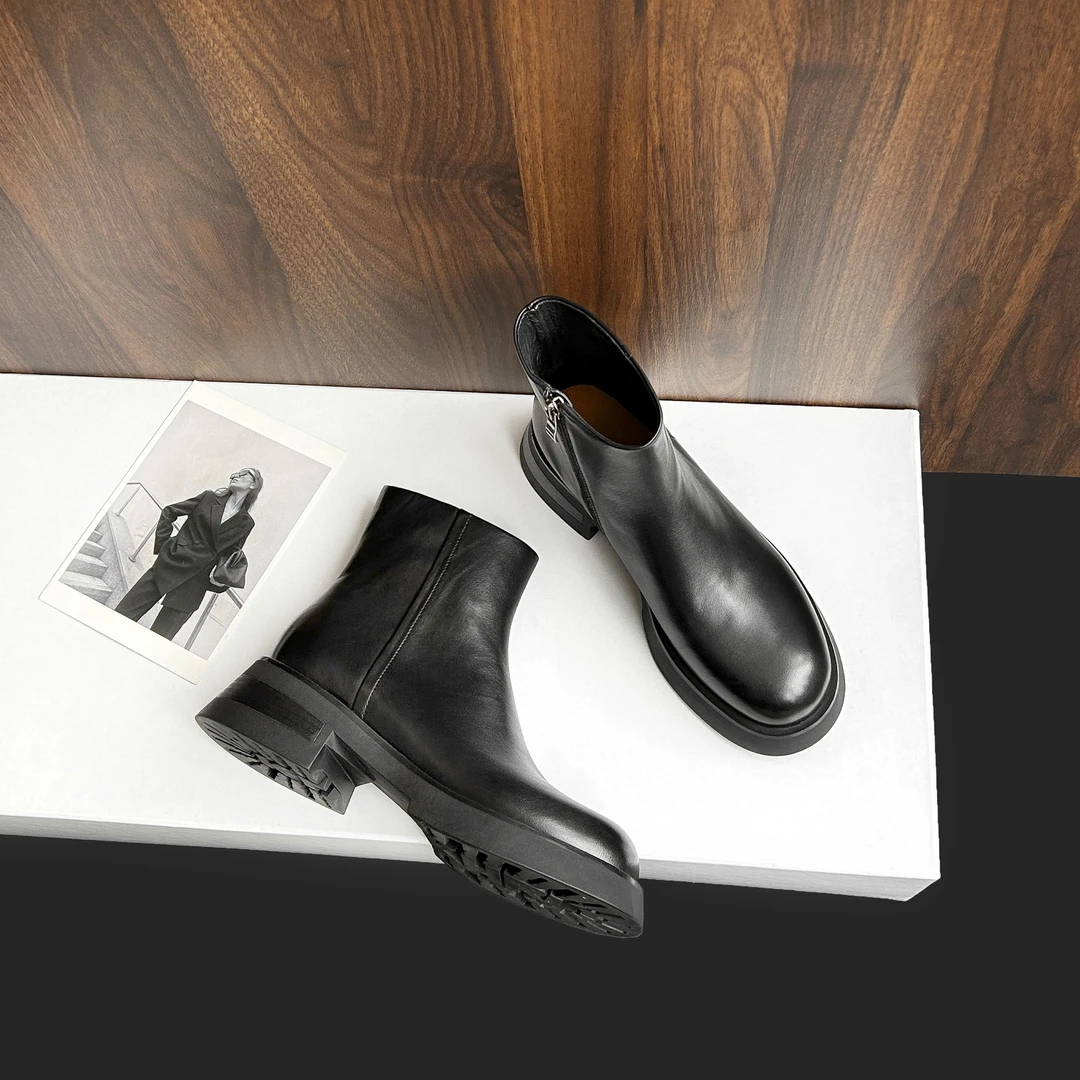 5cm/AL1649牛皮时尚短靴女秋冬厚底增高显瘦及踝短筒女靴粗跟黑色