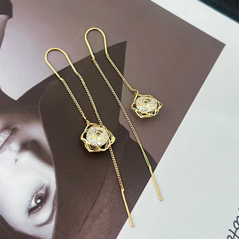 铜合金耳饰 镂空玫瑰花耳线女新款轻奢小众气质高级流苏耳环N1301