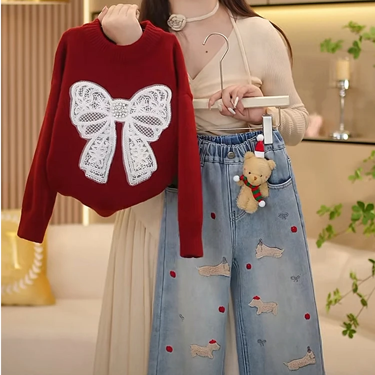 女童裤子春秋装2025新款儿童洋气蝴蝶结毛衣韩版牛仔阔腿直筒裤潮