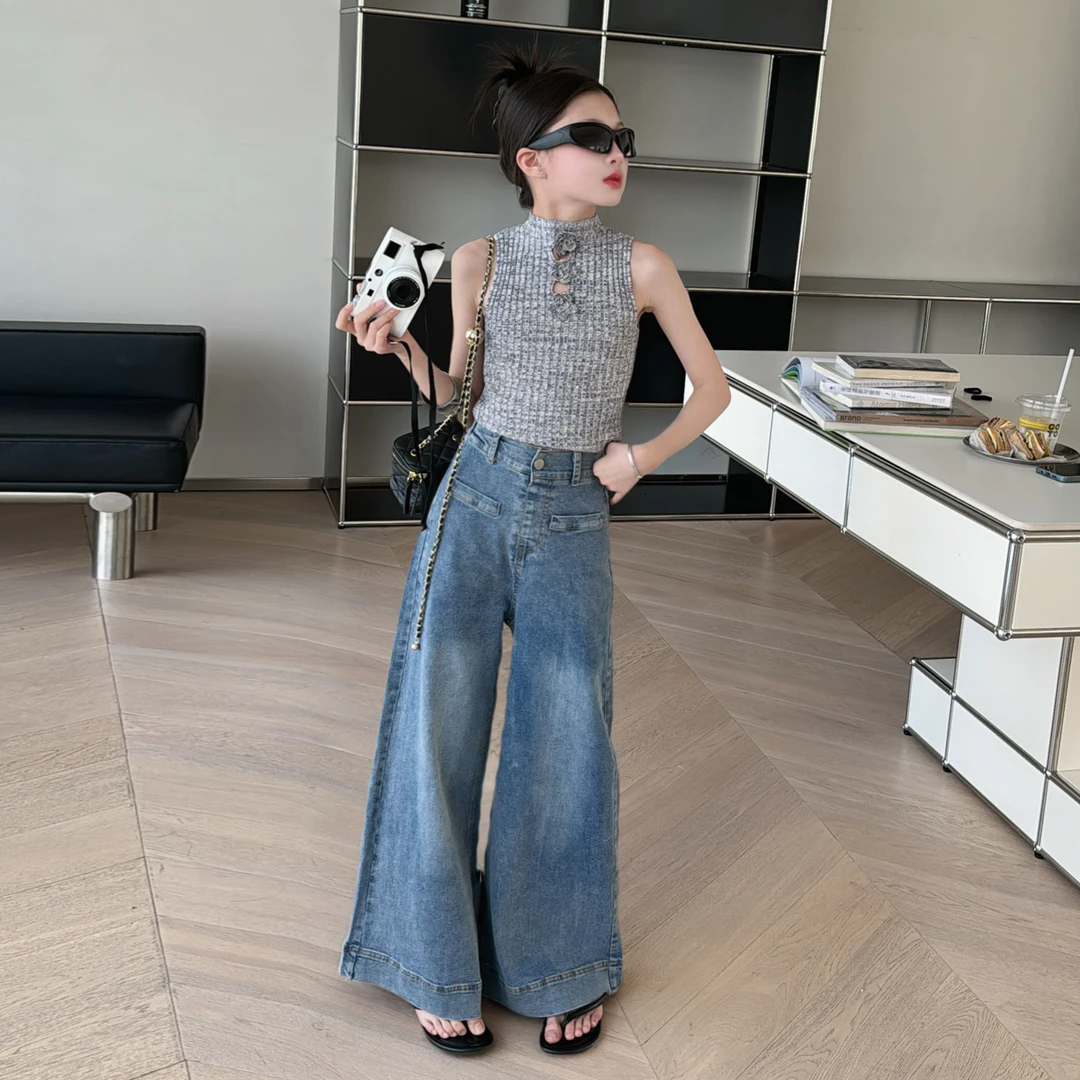 童装女童高腰牛仔阔腿裤2024夏季新款外穿薄款宽松垂感直筒牛仔裤