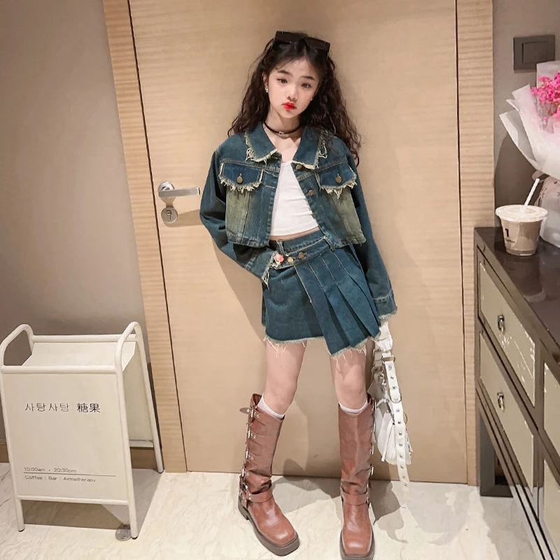 女童套装牛仔外套百褶裙春季2024新款儿童6-12韩版炸街时髦两件套