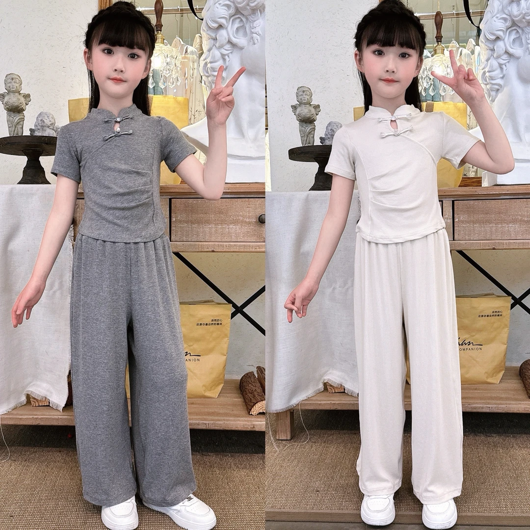 (120-170）女童夏季款中大童针织中式盘扣简约短袖阔腿裤休闲套装