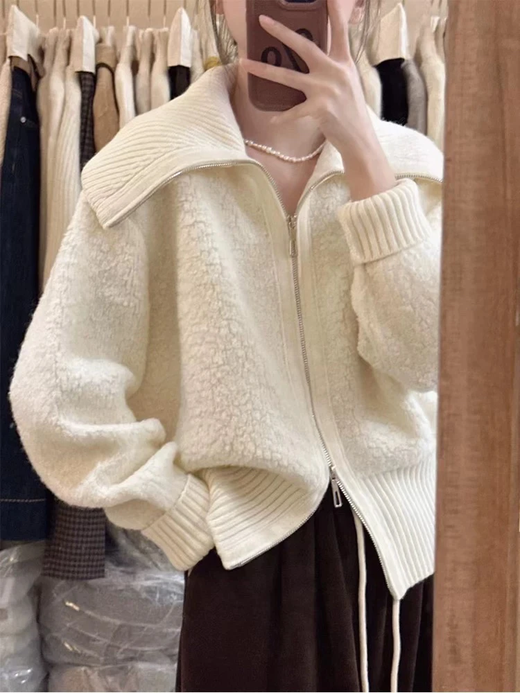 【圈圈羊毛大翻领拉链】韩系圈圈羊毛全羊毛针织拉链开衫