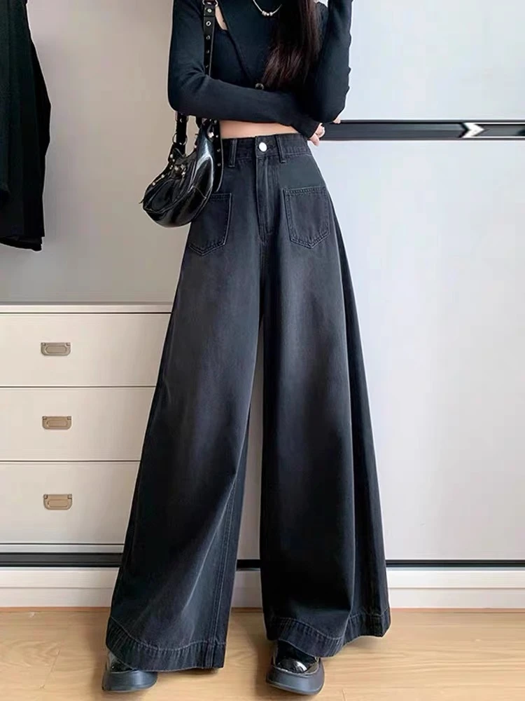 复古黑灰大阔腿牛仔裤女高腰显瘦宽松拖地裤设计感阔腿高腰牛仔裤
