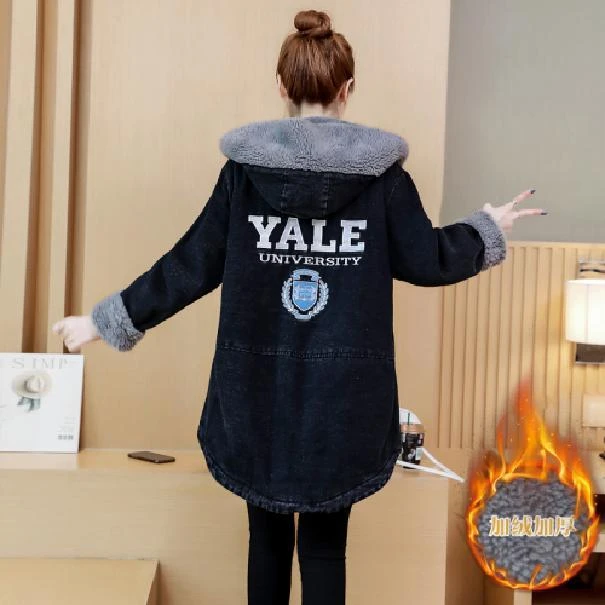 洋气牛仔中长款棉服外套女2023新款秋冬季宽松加绒加厚连帽棉衣