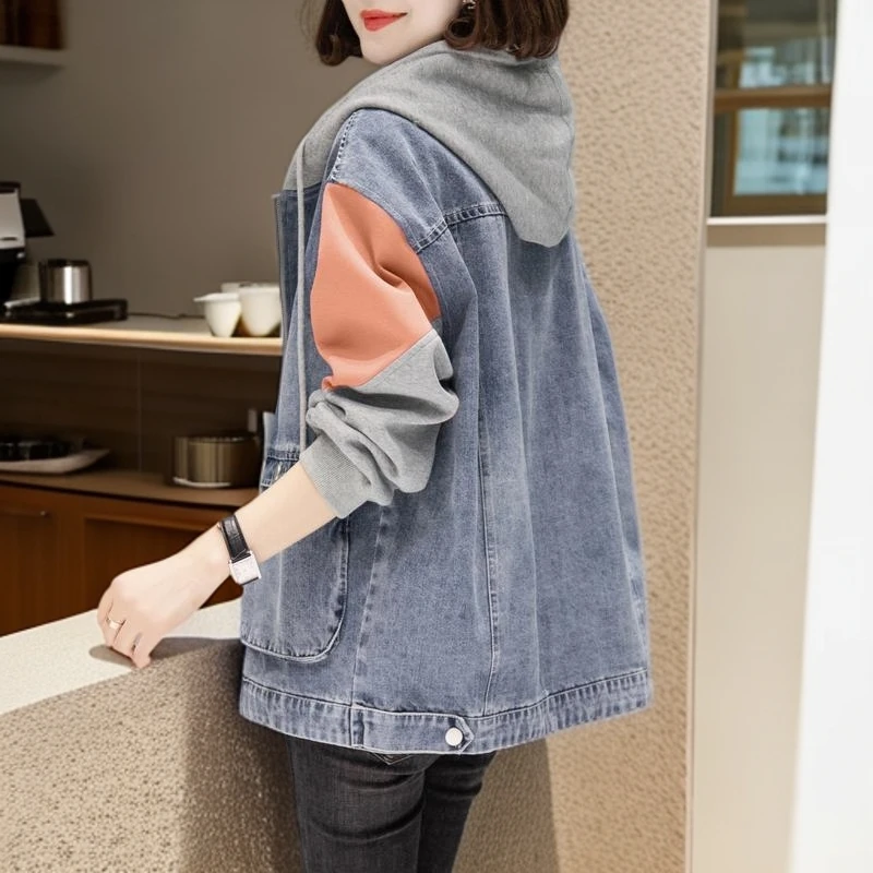休闲牛仔拼接卫衣外套女连帽宽松显瘦上衣春秋外穿2025新款欧洲站