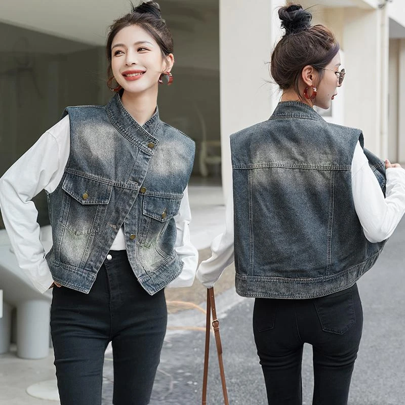 欧货复古做旧垫肩牛仔坎肩女2025早秋立领马甲宽松无袖不规则外套