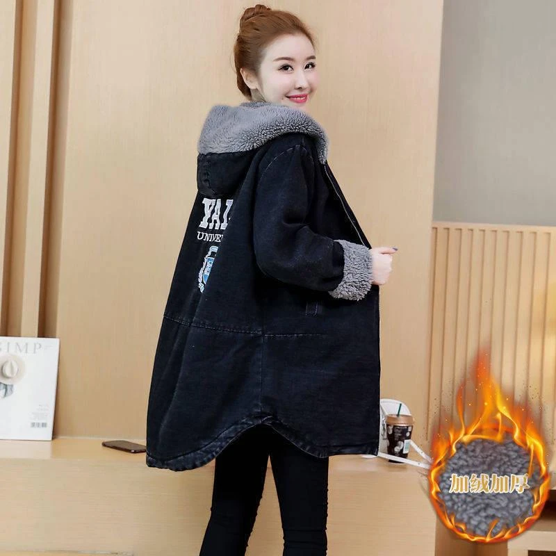 2025秋冬新款宽松大码女棉衣中长款秋冬上衣加绒加厚牛仔外套女士