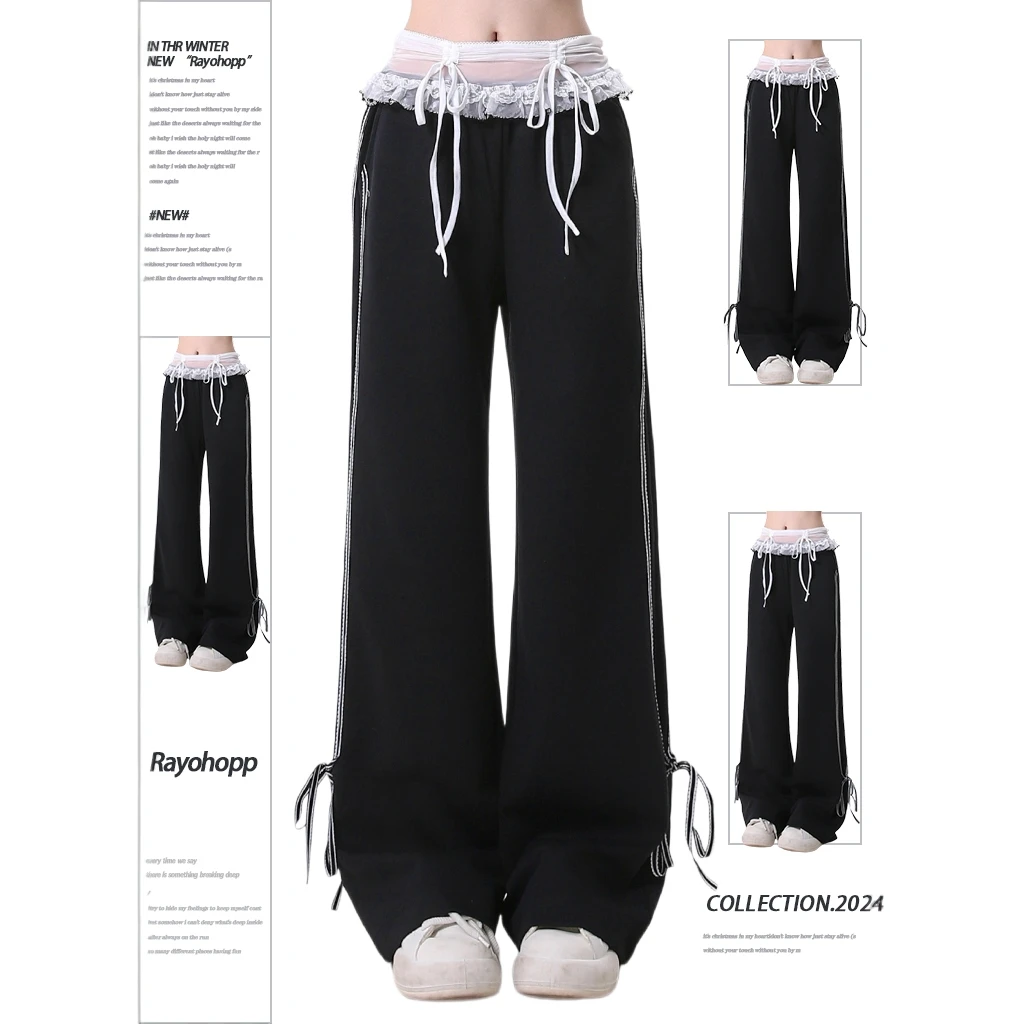 假两件蕾丝花边休闲运动裤女夏季新款松弛感长裤辣妹显瘦直筒卫裤