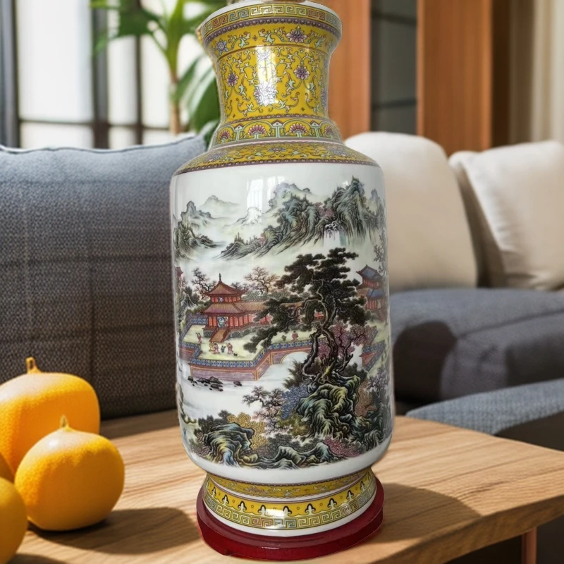 景德镇珐琅彩陶瓷花瓶黄色大号新中式客厅玄关摆件高档乔迁礼物