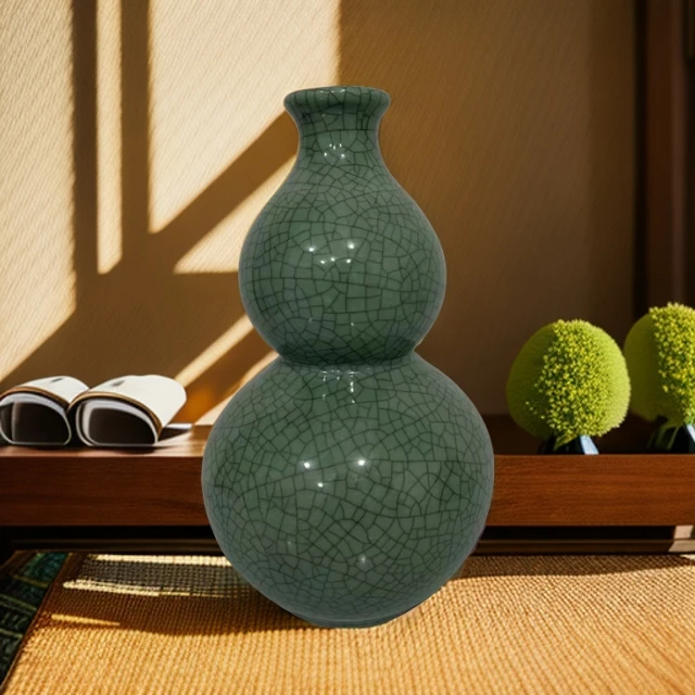 景德镇复古绿葫芦陶瓷开片瓷器花瓶电视柜家居装饰摆件书房茶室