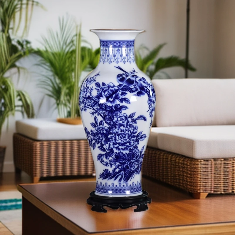 景德镇大号青花喜上枝头鱼尾瓶玄关装饰品摆件手工收藏烧窑