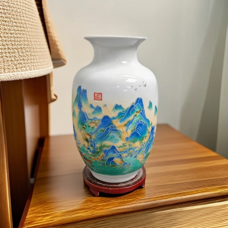 景德镇陶瓷千里江山夜光插花花瓶一个客厅电视柜玄关柜书房摆件