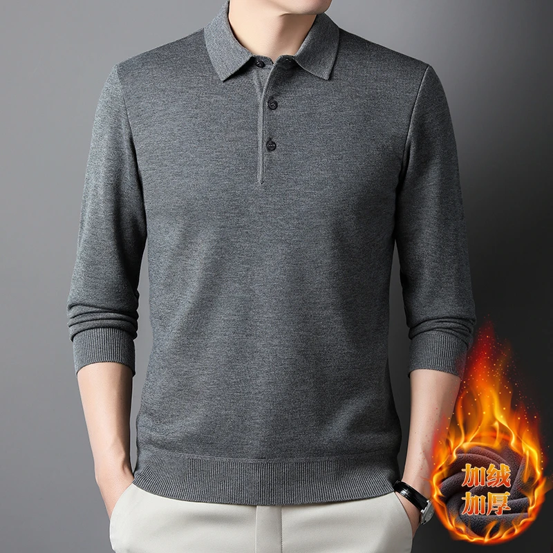 大白鲨男士秋冬含羊毛加绒加厚针织翻领纯色POLO衫